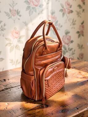 BabbleRoo Vegan Leather Diaper Bag Backpack Brown Changing Pad Pacifier Case